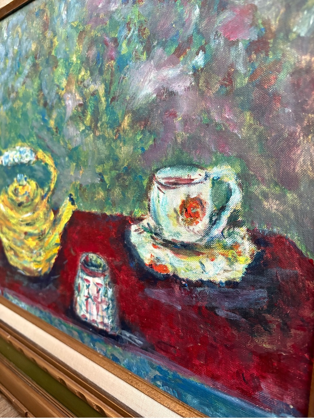 Vintage Teapot Still Life Abstract Oil Painting Framed Green & Gold Impasto VTG - Picture 6 of 14